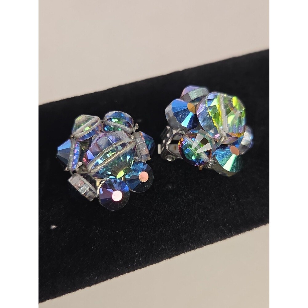 Vintage 1950s Aurora Borealis Crystal Cluster Clip On Earrings Ballou Hardware